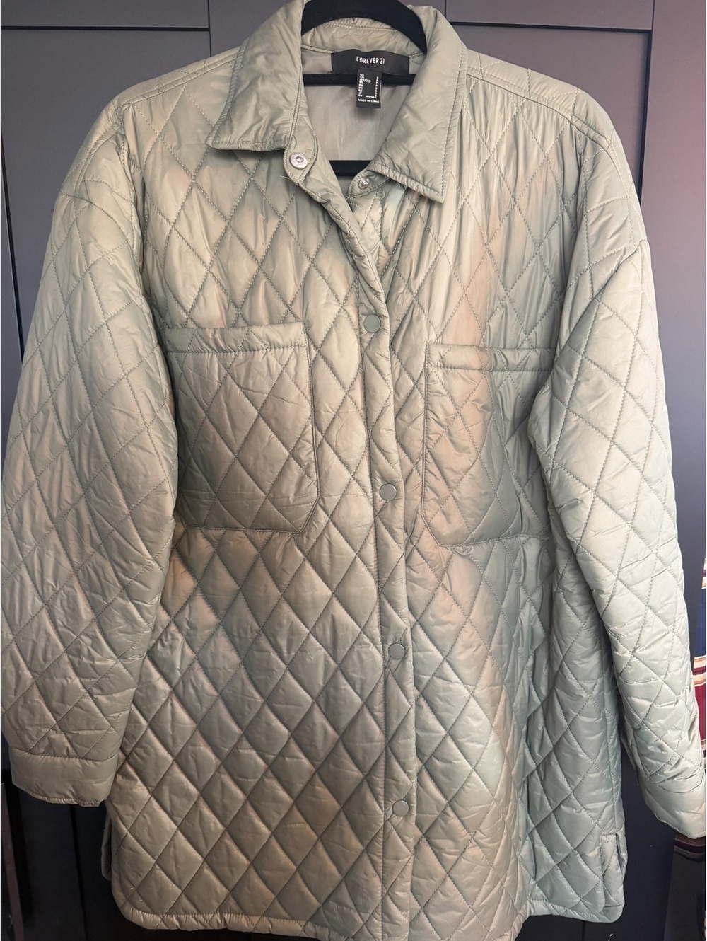 Forever 21 Women’s Small Sage Green Quilted Jacket Longline Shacket Puffer Coat